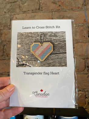 Learn to Cross Stitch Kit - Transgender Flag Heart Keychain kit